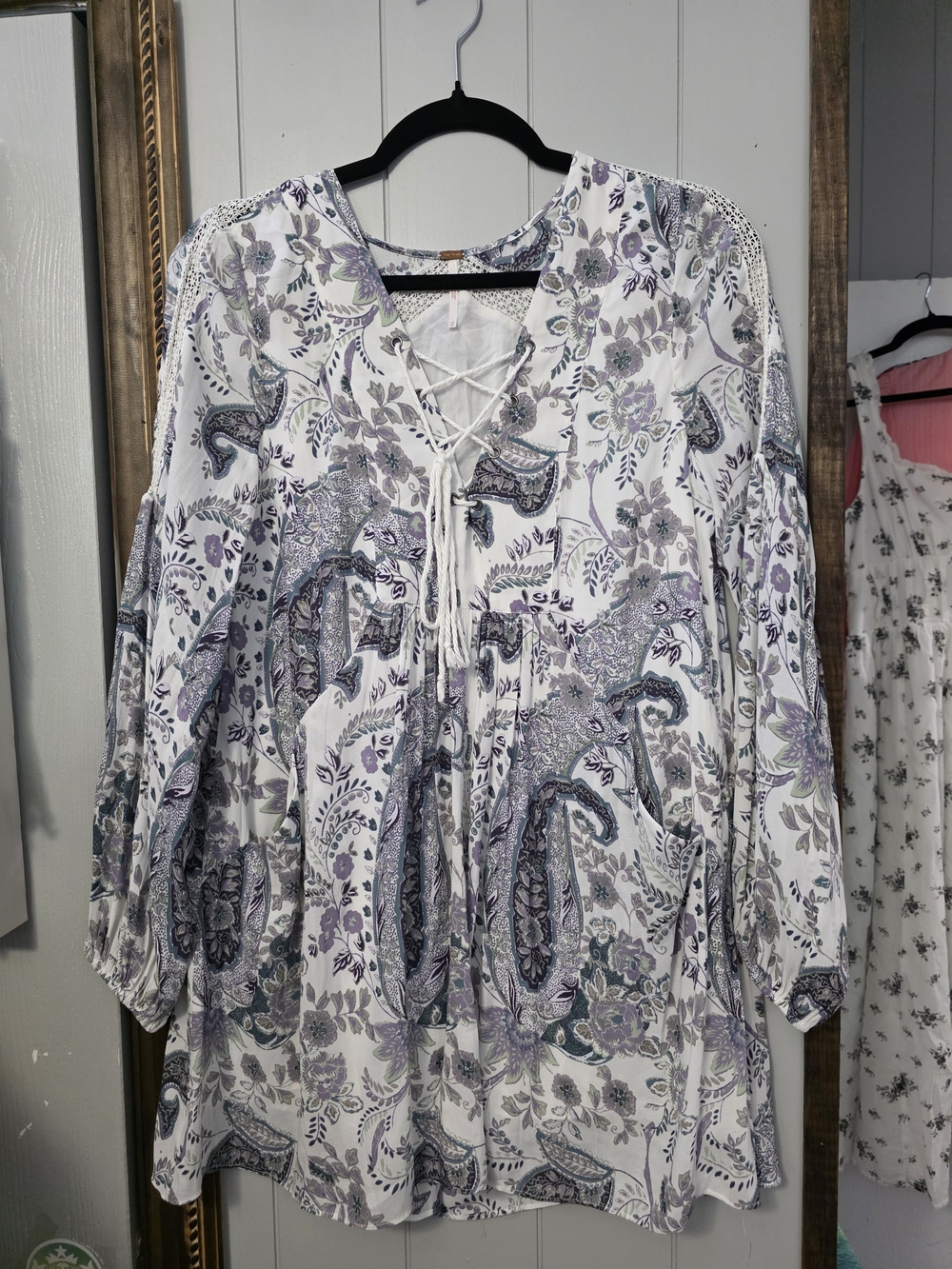 Free People White Lace-Up Paisley Tunic Dress with Lavender Accents And Pockets